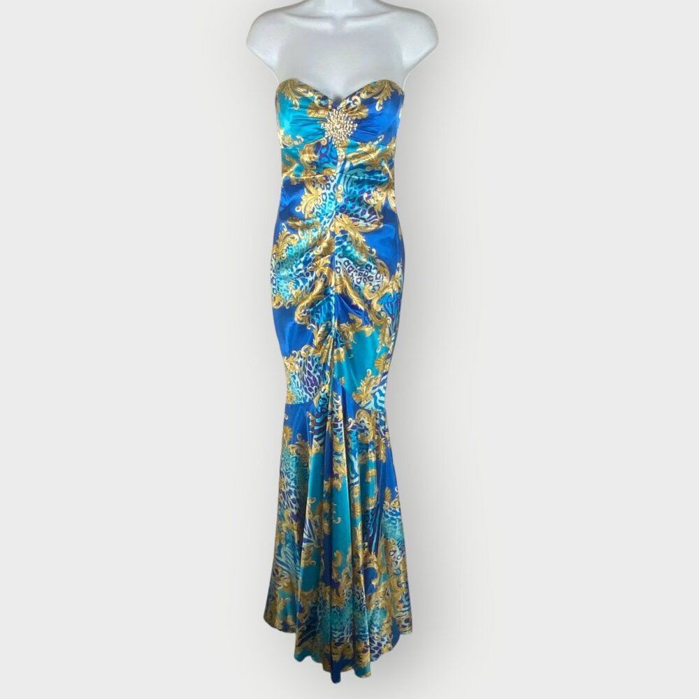 Vtg Cache Formal Mermaid Dress | 2 | Turquoise Scroll Leopard | Formal Prom Gala